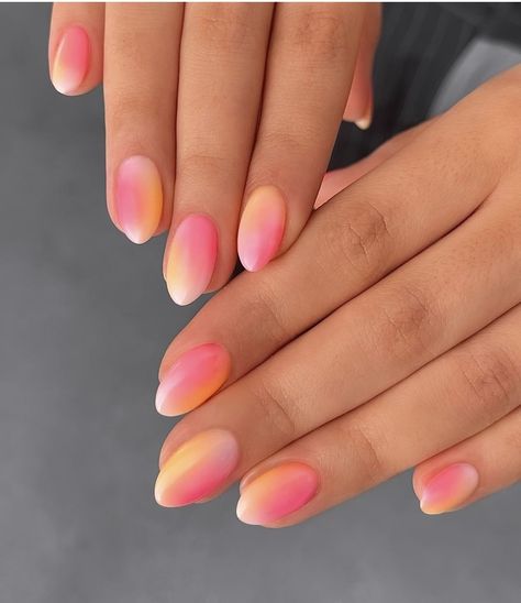 Pink And Yellow Ombre Nails Acrylic, Yellow And Pink Aura Nails, Cute Nail Ideas Pink, Summer Aura Nails, Yellow Aura Nails, Yellow Pink Nails, Yellow And Pink Nails, Pink And Yellow Nails, Preppy Nails