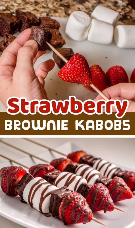 A fun and easy party treat! I love easy desserts that make people go WOW! Strawberry Brownie Kabobs are just that. This quick and easy recipe uses only a few ingredients and there are so many variations too. Perfect for Holidays, themed events, birthday parties, or just because! You could even use store-bought brownies to make them extra lazy. They look beautiful on the dessert table, they hard to resist. The kids loved helping me make these! Everything is better on a stick. Brownie Kabobs, Kids Dessert Table, Summer Dessert Table, Easy Party Treats, Strawberry Brownie, Dessert Kabobs, Finger Desserts, Strawberry Brownies, Dessert Table Birthday