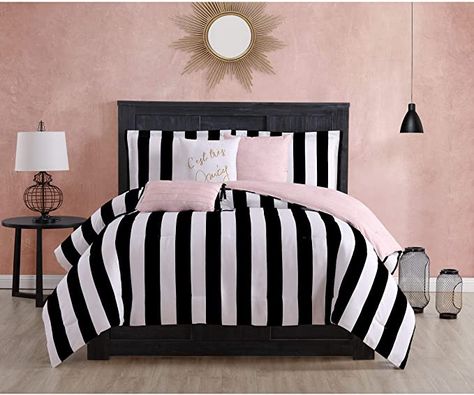 Amazon.com: Juicy Couture Cabana Stripe Reversible Bedding Set - Queen Size - Black and White Stripe Print – 6 Piece Set – Includes 1 90 inch x 90 inch Comforter, 3 Decorative Pillows, 2 Shams : Home & Kitchen Stripe Bedding, Dec Pillows, Apartment Vibes, Reversible Bedding, Makeover Bedroom, Bed Comforter Sets, Reversible Comforter, Queen Bedding Sets, Bedding Stores