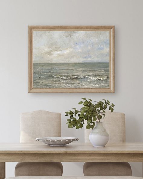 Muted Oceanscape | Vintage Oil Painting #vintageseascape #oceanart #printableart #vintageprint Oak Tree Painting, Water Oil Painting, Painting Printable, Boat Painting, Ocean Water, Vintage Oil Painting, Beach Painting, Game Room Decor, Oak Tree