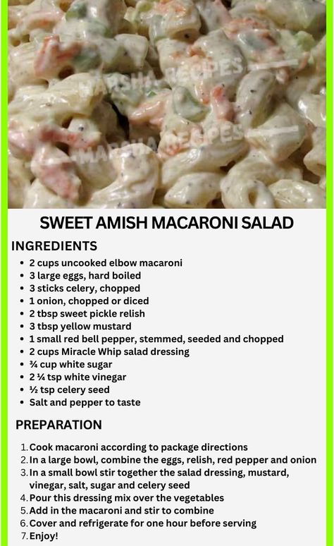 Sweet Macaroni Salad Recipe, Elbow Pasta Recipes, Amish Macaroni Salad, Macaroni Salad Ingredients, Kfc Chicken Recipe, Macaroni Recipes, Macaroni Salad Recipe, Savory Salads, Salad Dressing Recipes Homemade