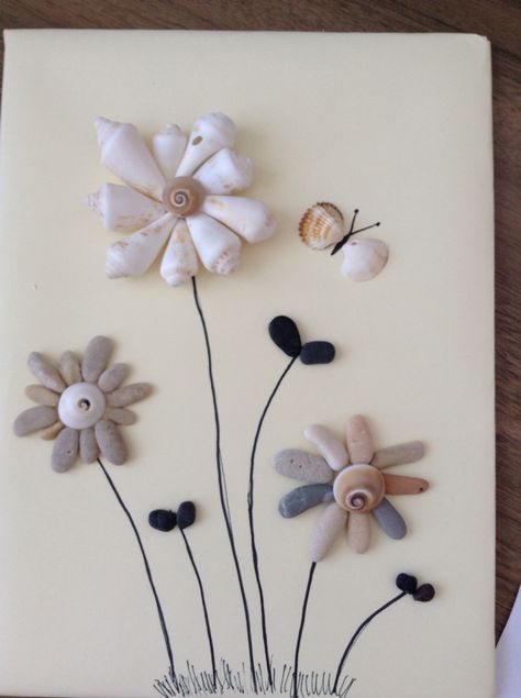 Pebble and shells, flowers and butterfly Sea Shell Flowers Diy Seashell Crafts, Shell Flowers Seashell Crafts, Pebble Art Flowers, Butterfly Rock Art, Butterfly Shell Art, Seashell Butterfly, Seashell Art Diy, Shell Butterfly, Sea Shells Diy