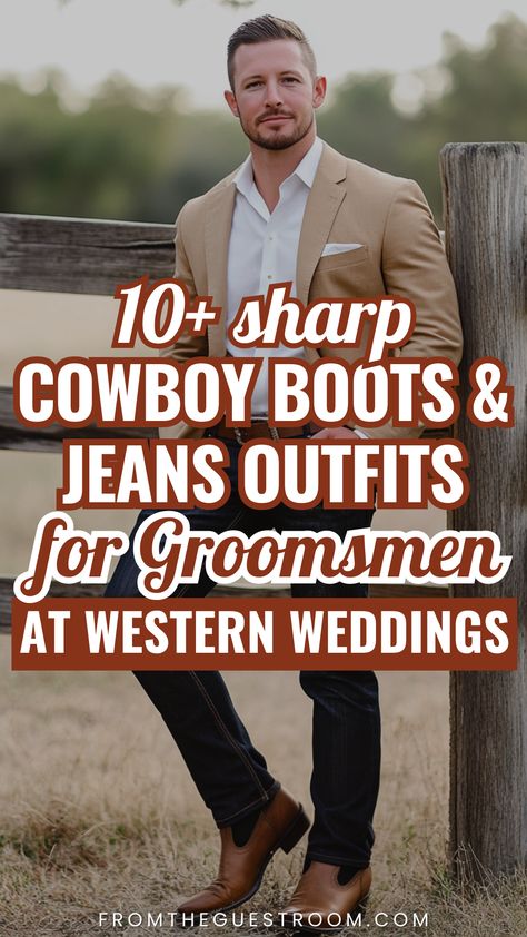 a groomsman wears cowboy boots with jeans for western wedding, western outfits Groomsmen Attire Jeans And Boots Suspenders, Wedding Guest Outfit Men Cowboy Boots, Groom Country Wedding Attire Jeans Cowboy Boots, Mens Wedding Cowboy Boots, Black Shirt Jeans And Cowboy Boots Outfit Men, Groom And Groomsmen Attire Jeans And Boots, Country Wedding Attire For Men, Tux With Boots, Black Jeans Brown Cowboy Boots Outfit