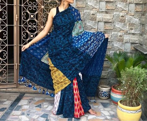 Indigo Saree Blouse Combination, Patchwork Saree, Fusion Saree, Revamp Clothes, Saree Pattern, Indigo Saree, Saree Styling, Saree Draping Styles, Bridal Dupatta