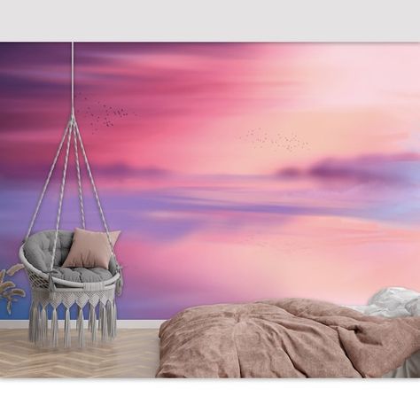 Living Room Accent Wall, Mural Bedroom, Sunset Horizon, Pink And Purple Wallpaper, Room Accent Wall, World Map Decal, Map Decal, Purple Wall, Accent Walls In Living Room