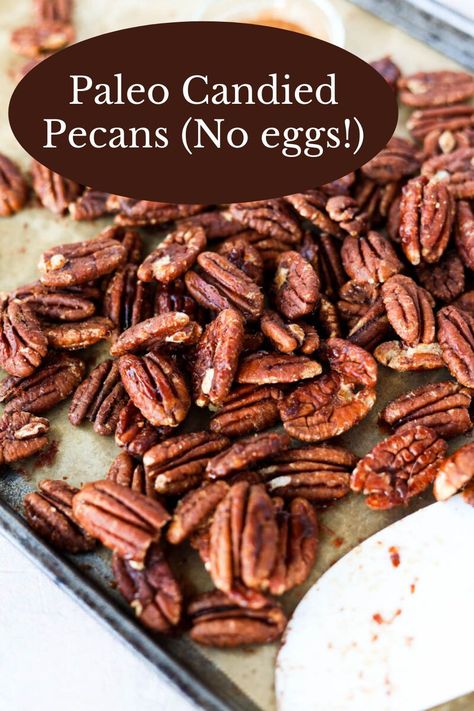 Paleo Candied Pecans are the perfect combination of crunchy and sweet! Made with only a few simple ingredients like maple syrup, cinnamon, and coconut oil. Plus they are ready in less than 30 minutes! Great for snacking, on salads, or as a gift! Paleo Candied Pecans, Paleo Candy, Gluten Free Fudge, Simple Paleo, Paleo Dinners, Gluten Free Desserts Healthy, Autoimmune Paleo, Nut Recipes, Gluten Free Sweets