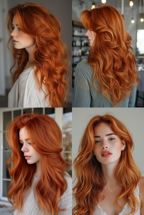 Red Hair With Red Outfit, Orange Peach Hair, Reddish Orange Hair, Ginger Hair With Highlights, Redhead Haircut, Dark Orange Hair, Bright Copper Hair, Dark Strawberry Blonde Hair, Long Layered Bob Hairstyles