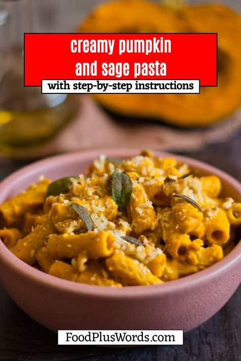 This pumpkin and sage pasta is perfect for fall! It’s creamy, comforting, and can be easily tweaked into vegan pumpkin sage pasta! Sage Pasta Sauce, Pumpkin Sage Pasta, Hot Day Dinners, Easy Oven Dinners, Sage Pasta, Pumpkin Pasta Recipe, Autumn Pasta Recipes, Parmesan Butter, Pumpkin Pasta Sauce