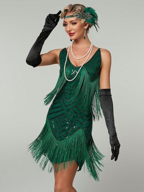 Women's Elegant Tassel Decor 1920s Vintage Style Dresses Green   Sleeveless Polyester Colorblock,Plain,All Over Print Tank Slight Stretch  Weddings & Events, size features are:Bust: ,Length: ,Sleeve Length: Great Gatsby Theme Outfit, 20s Style Dresses, 1920 Fashion Women, Charleston Outfits, Estilo Charleston, 1920s Vintage Dresses, 1920s Outfit, Peaky Blinders Costume, Gatsby Fashion