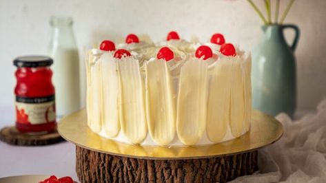 Eggless White Forest Cake Recipe - Truffle Nation White Forest Cake Recipe, White Forest Cake, Childhood Birthday, Cherry Compote, Chocolate Garnishes, White Cake Recipe, White Chocolate Mousse, White Forest, Melting White Chocolate