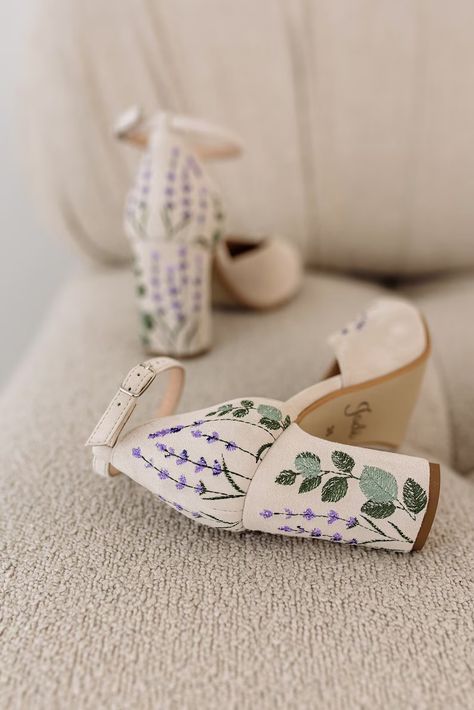 Ivorybridal Sandals With Lavender Embroidery, Wedding Shoes With V-notched Vamp,almond Toe and Ankle Strap, Bridal Shoes With Block Heel - Etsy Ukraine Embroidered Wedding Heels, Wedding Shoes Purple Lavender, Woodland Wedding Shoes, Boho Wedding Shoes Bride, Shoes For An Outdoor Wedding, Wedding Shoes For Grass Ceremony, Pop Of Color Wedding Shoes, Lilac Wedding Shoes, Shoes To Wear With Lace Wedding Dress