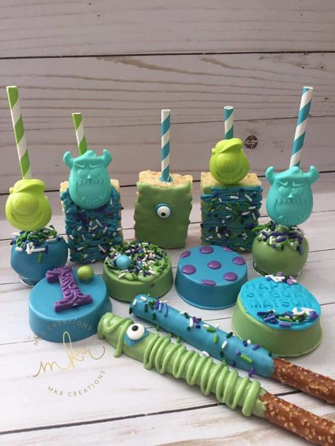 Monsters Inc Candy Table, Monsters Inc Party Treats, Monsters Inc Birthday Treats, Monster Inc Treat Ideas, Monster Inc Cupcakes Ideas, Monsters Ink First Birthday, Monsters Inc Themed Food, Monster Inc Treats, Monsters Inc Dessert Table