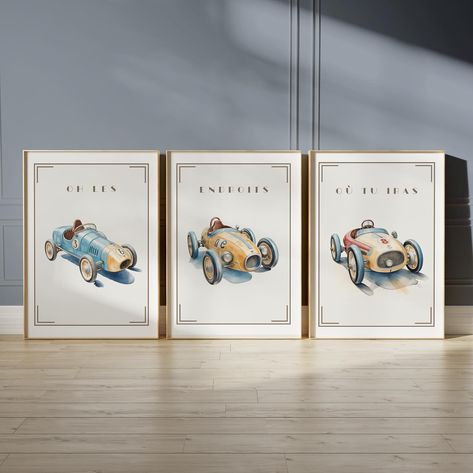 This set of three vintage race car prints is the perfect addition to a neutral nursery with a touch of vintage flair! Featuring the French quote “oh les endroits où tu iras,” which translates to “oh the places you will go,” this collection offers a charming mix of 1920s nostalgia for your little car enthusiast. Available posted to your door and as Instant Downloads for at home printing! Visit Brookley Designs (link in bio) today! 🤍🧸 #boysroom #racingcarroom #vintagecars #vintagenurs... Race Car Themed Nursery, Vintage Race Car Nursery, Racing Nursery, Race Car Nursery, Boy Nursery Cars, Vintage Playroom, Vintage Boys Room, Car Themed Nursery, Vintage Car Nursery