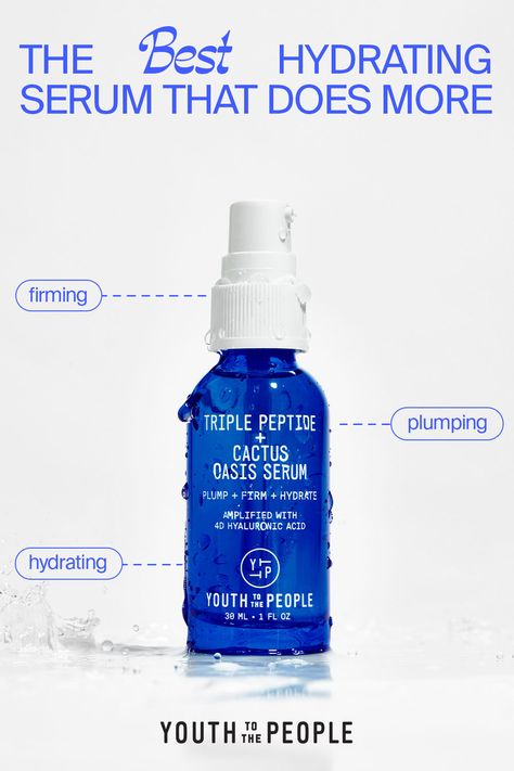 Operation bouncy, plumped, and hydrated skin is in full effect—and we have Youth To The People’s new Triple Peptide + Cactus Oasis Serum to thank for that. Filled to the brim with clinically proven ingredients like 4D hyaluronic acid and bio-peptides, this vegan hyaluronic acid serum hydrates—and it does so much more than that, too. This is a plumping, firming, and hydrating serum in one. Skin Care Design, Best Hydrating Serum, Beauty Branding Design, Youth To The People, Product Ingredients, 광고 디자인, Hydrated Skin, Cosmetic Design, Graphic Design Fonts