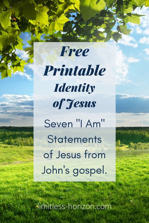 A free printable for Bible Study - the seven "I Am" statements of Jesus from John's gospel. 7 I Am Statements Of Jesus, Jesus I Am Statements, Identity Statements, I Am Statements Of Jesus, Jesus Printable, Jesus Sacrifice, Apostle John, Gospel Of John, Bible Study Printables