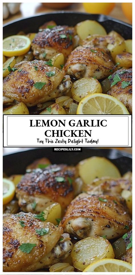 This Lemon Garlic Chicken is a must-try! Juicy chicken thighs are perfectly baked with tender potatoes and zesty lemon slices, making every bite packed with flavor. It's an easy, one-pan dish that’s perfect for busy weeknights. Give it a try and impress your family with this delightful recipe! Lemon Chicken Thigh Recipe, Lemon Chicken Drumsticks, Lemon Garlic Chicken Thighs, Juicy Chicken Thighs, Grilled Chicken Legs, Lemon Chicken Thighs, Lemon Herb Chicken, Garlic Marinade, Lemon Chicken Recipe