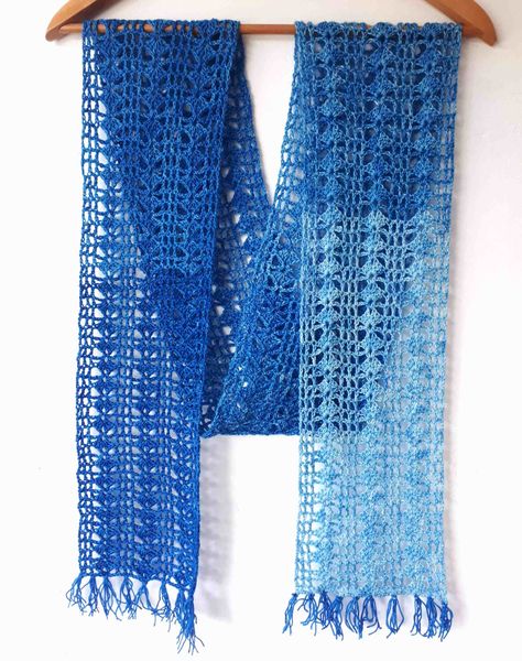 One Skein Crochet Scarf Pattern - Indigo Scarf - Annie Design Crochet Crochet Lace Scarf Pattern, Crochet Square Pattern, Crocheted Scarves, Crochet Lace Scarf, Lacy Scarf, One Skein Crochet, Crochet Dreams, Crochet Scarf Pattern, Crochet Scarfs