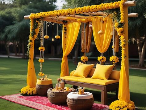 Haldi Function Decoration, Mehndi Stage Decor, Green Color Theme, Mehndi Stage, Haldi Decoration Ideas, Haldi Ceremony Decorations, Haldi Decoration, Wedding Planner Checklist, Green Drapes