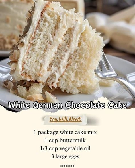 Upside Down German Chocolate Cake, White Chocolate German Chocolate Cake, White German Chocolate Cake, Doctored Cake Mix Recipes, Cake Mix Doctor, White Chocolate Cake, German Cake, Coconut Desserts, German Chocolate Cake