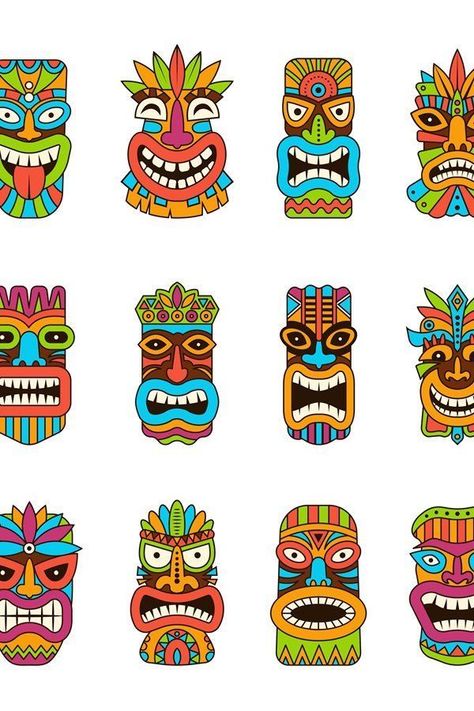 Tiki Art Drawing, Tiki Mask Art, Tiki Faces Template Free Printable, Tiki Faces Template, Mascaras Tiki, Hawaii Symbols, Tiki Party Decorations, Tropisk Fest, Tiki Ideas