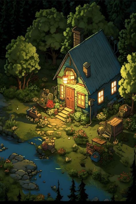 A detailed cartoon illustration of a cozy house nestled within enchanting woods, radiating a warm glow from its windows. Surrounded by lush greenery, the charming woodland cottage evokes a sense of tranquil comfort, complemented by close-ups of a door, flowers, and ambient lighting. Ideal for lovers of serene landscapes. Cozy Cottage In The Woods, Cottage Wallpaper, Personajes Studio Ghibli, Woodland Cottage, House Cartoon, Peaceful Night, Enchanted Wood, Cartoon House, Dreamy Artwork