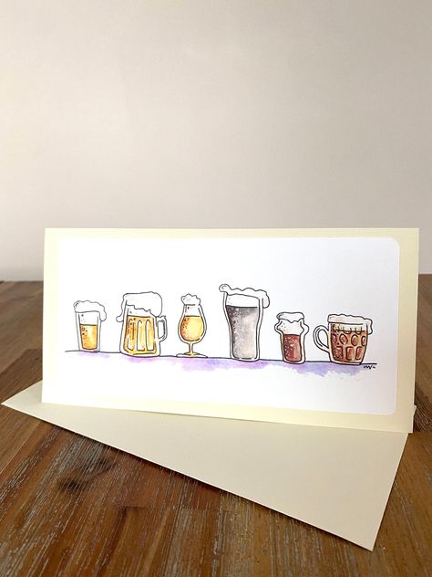 Cheers! Do they love beer? Real ale fan? Want to make them smile from ear to ear, when they realise you had this specially made for them? People very often don't take my cards down from the mantlepiece either, so they stay up a lot longer than ordinary shop-bought & mass-produced cards too. Here's a beautiful handmade card, based on an original watercolour design from me - all about their passion and really to their taste. I've painted a line up of beer, ale and frothy fun to introduce what you Beer Birthday Cards, Beer Card, Fan Card, Watercolour Design, Watercolor Birthday Cards, Beer Theme, Watercolor Birthday, Personalized Beer, Retirement Cards