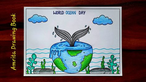 Video Tutorial uploaded on Amrita Drawing Book Channel. Subscribe for more creative Drawings and School Projects. #worldoceanday #oceanday #saveocean #poster #drawing #easy #simple #howtodraw #School #competition #amritadrawingbook World Ocean Day Art, World Ocean Day Poster, Ocean Day Poster, Drawing Easy For Kids, Drawing Ocean, World Ocean Day, Creative Drawings, Ocean Day, Easy Drawings For Kids