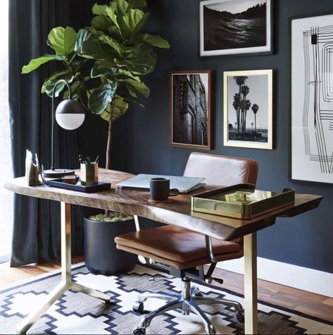 This could work - different sized framed artwork behind the desk. Or maybe some floating shelves? Need some texture. The one giant painting makes it feel too much like a hotel room. Masculine Home Office Ideas, Masculine Home Office, Men Office, Best Office, Office Office, Home Office Ideas, The Everygirl, Small Home Office, Office Interior Design