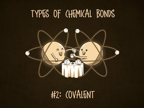 Covalent bonds are chemical bonds between two non-metal atoms. An example is water, where hydrogen (H) and oxygen (O) bond together to make (H2O). As they are both non-metals—which need to gain electrons—they have to share, so their outer shells cross over in order to have a full outer shell. A full outer shell has eight electrons. The electrons in this outer shell are called valence electrons. Chemical Bonds, Science Display, Chemistry Posters, Science Cartoons, Biology Humor, Chemistry Classroom, Chemistry Humor, Covalent Bonding, Chemical Bond