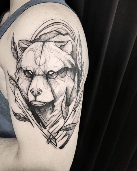 Bear Shoulder Tattoo, Geometric Bear Tattoo, Bear Tattoo Ideas, Shoulder Tattoo Designs, Grizzly Bear Tattoos, Beer Tattoos, Bear Tattoo Designs, Geometric Bear, Bear Tattoos