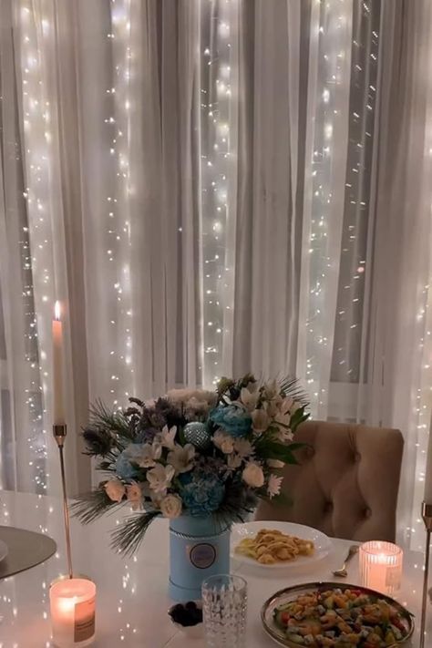 Romantic Set-Up & Aesthetic Table! Christmas Wedding Backdrop, Fairy Lights For Bedroom, Aesthetic Table, Fairy Lights Decor, Wall Decor Hanging, Christmas Fairy Lights, Window Wall Decor, White String Lights, Fairy Lights Bedroom