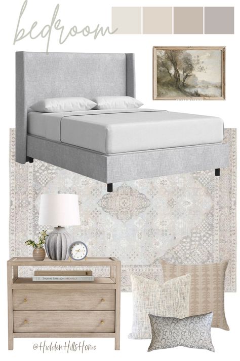 Calm and relaxing master bedroom mood board with warm gray and beige tones throughout! This bedroom features a gray upholstered bed paired with a warm wood toned nightstand Gray Bed With White Nightstand, Master Bedrooms With Grey Bed, Gray Velvet Bed Bedroom Ideas, Farmhouse Modern Bedroom Decor, Gray Bed Master Room, Guest Bedroom With Grey Headboard, Grey Bed Nightstand Ideas, Bedroom Master Inspiration Upholstered Headboards, Nightstands With Grey Upholstered Bed