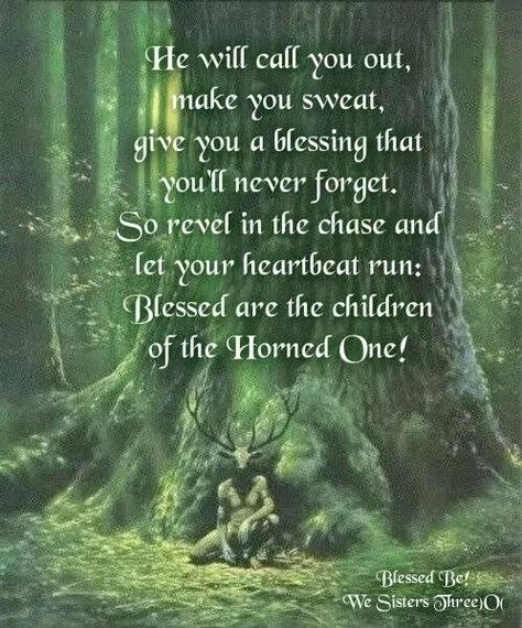 He will call you out, Make you sweat, Give you a blessing that You’ll never forget So revel in the chase and let your heart beat run: Blessed are the children of the Horned One! ~We Sisters T… Pagan Quotes, Male Witch, Celtic Gods, Pagan Gods, Eclectic Witch, Wiccan Spell Book, Celtic Mythology, Wicca Witchcraft, Witch Magic