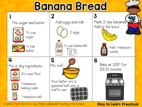 Banana Bread Picture Recipe Rebus Recipes For Preschool, Montessori Cooking Recipes, Easy Cooking Activities For Preschool, In The Kitchen Preschool Theme, Creative Curriculum Bread Study Preschoolers, Bread Study Activities Preschool, Kitchen Activities For Preschool, Classroom Cooking Ideas, Bread Activities For Kids