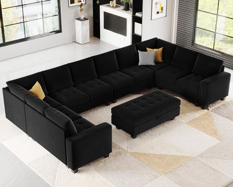 PRICES MAY VARY. Space Saving & Movable Ottoman:The ottomans of this modular sectional sofa set can be moved freely. It can be connected with the sofa seat to form a long chaise, giving you enough space to lie down and relax.And the ottomans has an extra storage space which is large enough to put extra pillows, blankets, books or holiday decorations, makes things more uniform and organized. Pet Friendly & Easy to Clean:The velvet fabric makes this U shaped sofa not only elegant and retro, but al Black Sectional Living Room, Oversized Couch Sectional, Black Sectional, U Shaped Sectional Sofa, Couch With Ottoman, Sofa With Storage, Modular Couch, Velvet Sectional, Modular Sofas