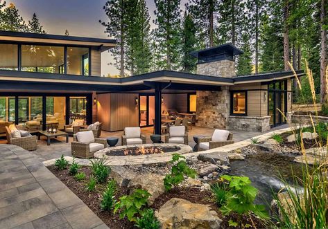 Mountain contemporary home in Truckee has amazing indoor outdoor lifestyle Mountain Modern Home Exterior, Mountain House Design, Mountain Contemporary Home, Contemporary Mountain Home, Truckee California, Modern Mountain House, Mountain Home Exterior, Martis Camp, House Mediterranean