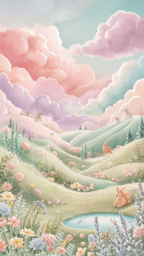 Immerse yourself in a whimsical dreamscape with this cute pastel wallpaper. Experience fluffy clouds in soft pinks and blues, a meadow bursting with wildflowers, and playful animals like bunnies and fawns. This enchanting scene evokes tranquility and innocence, making it perfect for aesthetic lovers. Ideal for your phone or desktop backgrounds. #AestheticWallpaper #PastelArt #CuteDesign #Meadow #Tranquility Pastel Scenery, Aesthetic Lovers, Playful Animals, Pink Wildflowers, Mint Green Wallpaper, Mint Green Aesthetic, Anime Scenes, Cute Bunnies, Patterns Wallpaper