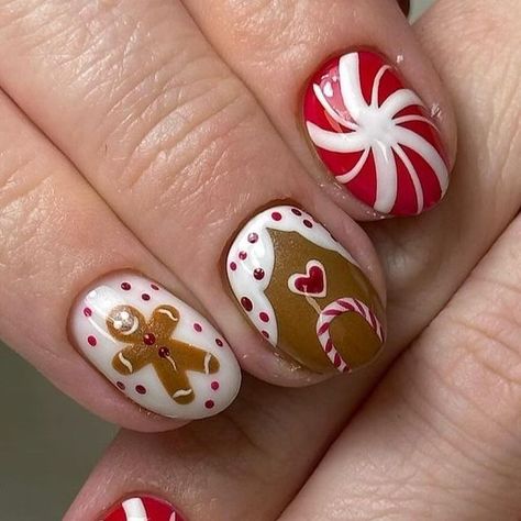 Gingerbread Gel Nails, Gingerbread Cookies Nails, Gingerbread Nails Art, Gingerbread Man Nails Design, Gingerbread Men Nails, Gingerbread Nails Christmas, Ginger Bread Nails Design, Christmas Cute Nails, Gingerbread Nail Designs