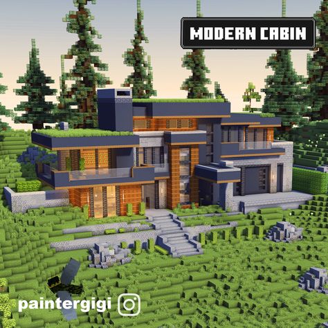 Large Cabin Minecraft, Minecraft Modern Survival Base, Modern Cabin Minecraft, Minecraft Modern Cliffside House, Minecraft Modern Cabin, Minecraft Luxury House, Easy Minecraft House Ideas, Minecraft Houses Mansions, Modern House On Hill