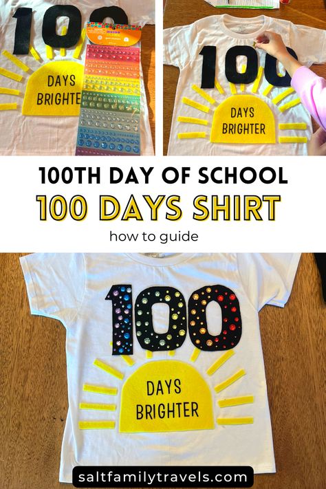 This year for the 100th day of school shirt project, my daughter fell in love with the idea of colorful gems! See how to Make 100 Days Brighter Shirt.Our DIY 100 days shirt is easy and affordable to make. Most of the items you need to craft can already be found in your home. What you need: Shirt, Felt, Gem Stickers, Letter Stickers, Fabric Glue, Scissors. This 100th day of school theme is “100 Days Brighter Shirt” with a sunshine. See our easy steps on how we make this DIY shirt! 100 Days Brighter Shirt Diy, 100 Items On A Shirt 100th Day, 100th Day Of School Shirt Ideas, Easy 100 Days Of School Shirt, 100 Days Brighter Ideas, Diy 100th Day Of School Shirts, 100 Days Of School Shirt Ideas, 100th Day Tshirt Ideas, 100th Day Of School Shirts