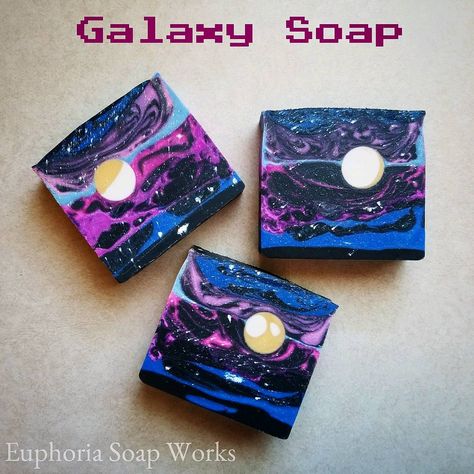 Intergalactic, planetary... here's the cut of our new Galaxy Soap! This scent matches our bath bombs and I just love it! It doesn't have any yellow in it like our bombs, except the planet, but in looking at pics of galaxies I think this represents what I was going for. You can't see it, but there is glitter in the soap and shooting stars, giving this soap an interstellar feel! #soap #natural #naturalsoap #galaxy #galaxysoap #intergalactic #universe #planetary #organic #coconutoil #cocoabutte... Galaxy Soap, Lotion Making, Goat Soap, Soap Art, Dessert Soap, Vanilla Lavender, Fancy Soap, Swirl Soap, Soap Colorants