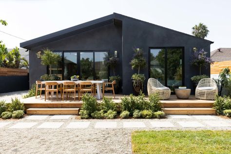 House Exterior Scandinavian, Scandi Farmhouse, Exterior House Renovation, Exterior Renovation, Front Patio, Black House Exterior, California Homes, Farmhouse Chic, Tile Design