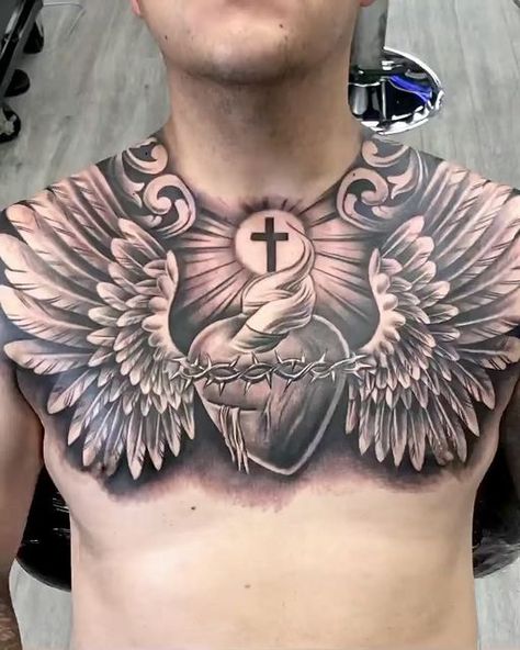 Sacred Heart Tattoo On Chest, Wings On Chest Tattoo, Sacred Heart Tattoo Chest, Christian Chest Tattoo Men, Sacred Heart Chest Tattoo, Cross Tattoo Chest, Chest Tattoo Heart, Sacred Heart With Wings, Chest Tattoo Sketches