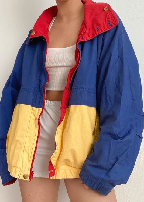 Colourful 90s Fashion, Heartbreaker High Amerie Outfits, 90s Windbreaker Outfit Women, Primary Color Clothes, 80s Sporty Outfits, 80s Retro Aesthetic Outfits, Oversized Windbreaker Outfit, Windbreaker Outfit Ideas, 80s Athletic Fashion