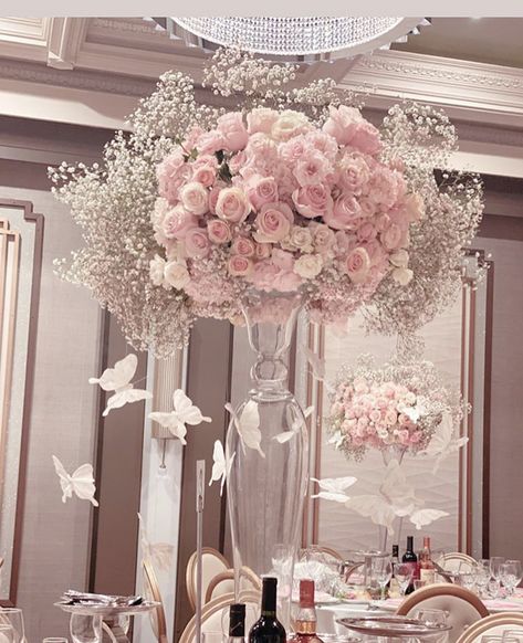 Quinceanera Spring Theme, Pink And Gold Butterfly Sweet 16, Quince Decorations Pink And White, Table Decor Quinceanera, Butterfly Pink Quinceanera, Flower Centerpieces With Butterflies, Butterfly Quinceanera Centerpieces, Butterfly Quince Centerpieces, Blush Pink Butterfly Quinceanera Theme