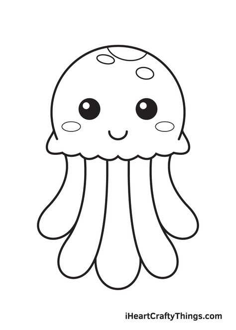 Cute Drawing Outline, Jelly Fish Drawing Easy, Outline Drawings Simple, Drawing Images Easy, Jellyfish Cute Drawing, Jellyfish Printable Template, Simple Kids Drawing, Simple Jellyfish Drawing, Easy Kid Drawings