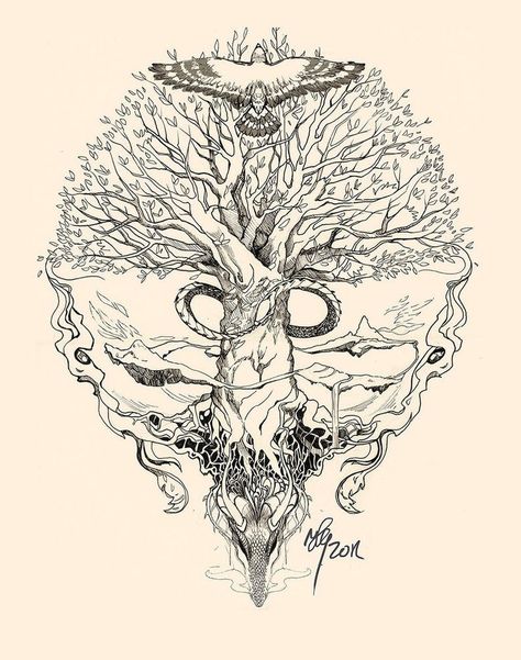 Yggdrasil Yggdrasil Tattoo, Fenrir Tattoo, Tato Maori, Tattoo Tree, Kunst Tattoos, Norse Tattoo, Nordic Tattoo, Mythology Tattoos, Tree Of Life Tattoo