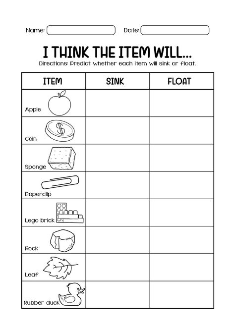 Sink and Float Worksheet Printables - In The Playroom Sink And Float Worksheet Kindergarten, Float And Sink Worksheet, Float Or Sink, Water Science Experiments, Summer Bookmarks, Kitchen Science Experiments, Early Science, Sink Or Float, Girl Names With Meaning