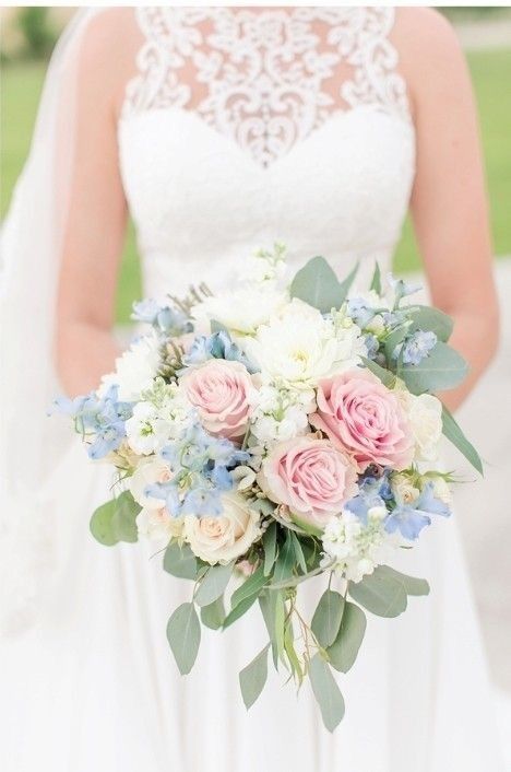 Pink White Blue Bouquet, White And Pastel Wedding Flowers, Blue White Pink Wedding, Pastel Wedding Flowers Bridal Bouquets, Pink And Blue Wedding Flowers, Pink And Blue Bouquet, Bridal Bouquet Peony, Pastel Wedding Bouquet, Pastel Bridal Bouquet