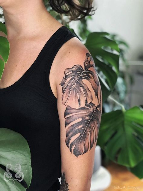 plant tattoo sleeve - Pesquisa Google Palm Leave Tattoos For Women, Monstera Tattoo Thigh, Monstera Back Tattoo, Plant Tattoos Men, Realistic Plant Tattoo, Plant Leaves Tattoo, Monstera Tattoos Leaves, Tropical Sleeve Tattoo For Women, Monstera Tattoo Sleeve